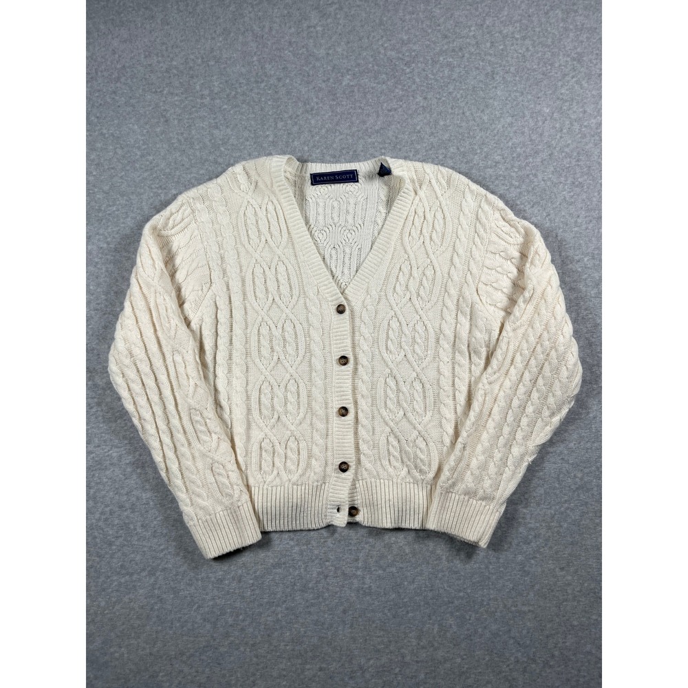 Karen Scott Chunky Cable Knit Cardigan Women L Cream Fisherman Preppy Academia